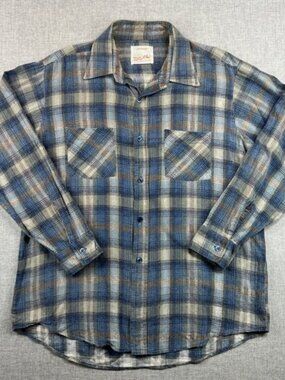VTG 80s Value Line Sanforized Cotton Flannel Shirt Mens L Blue Tan Plaid Soft